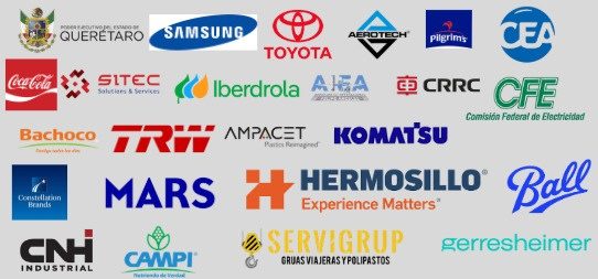 Logotipos de clientes: Samsung, Toyota, Coca-Cola, Iberdrola, CFE, Komatsu, Mars, Ball, CNH Industrial y más